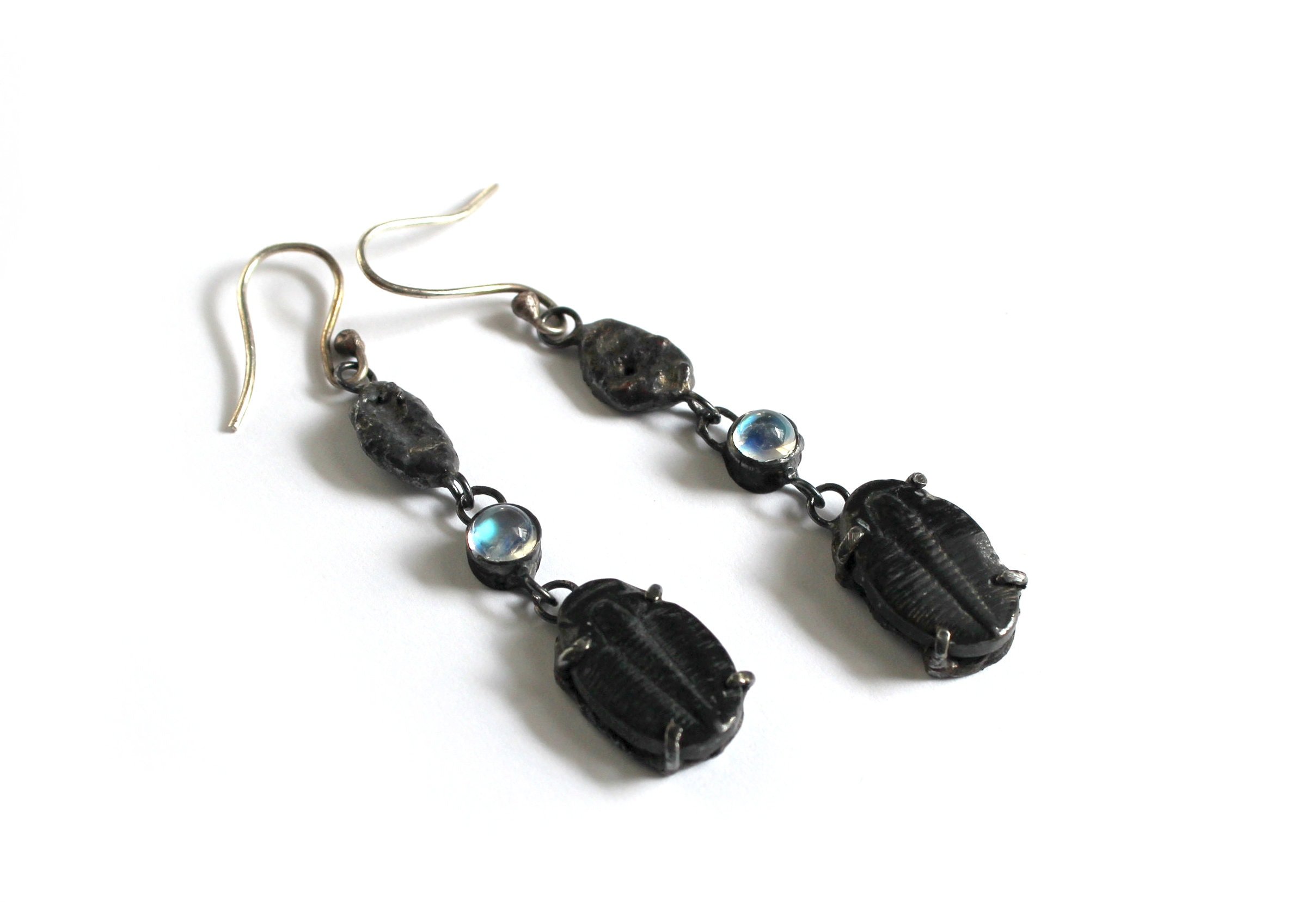 Moonstone and Trilobite Flash and Fire Silver Earrings