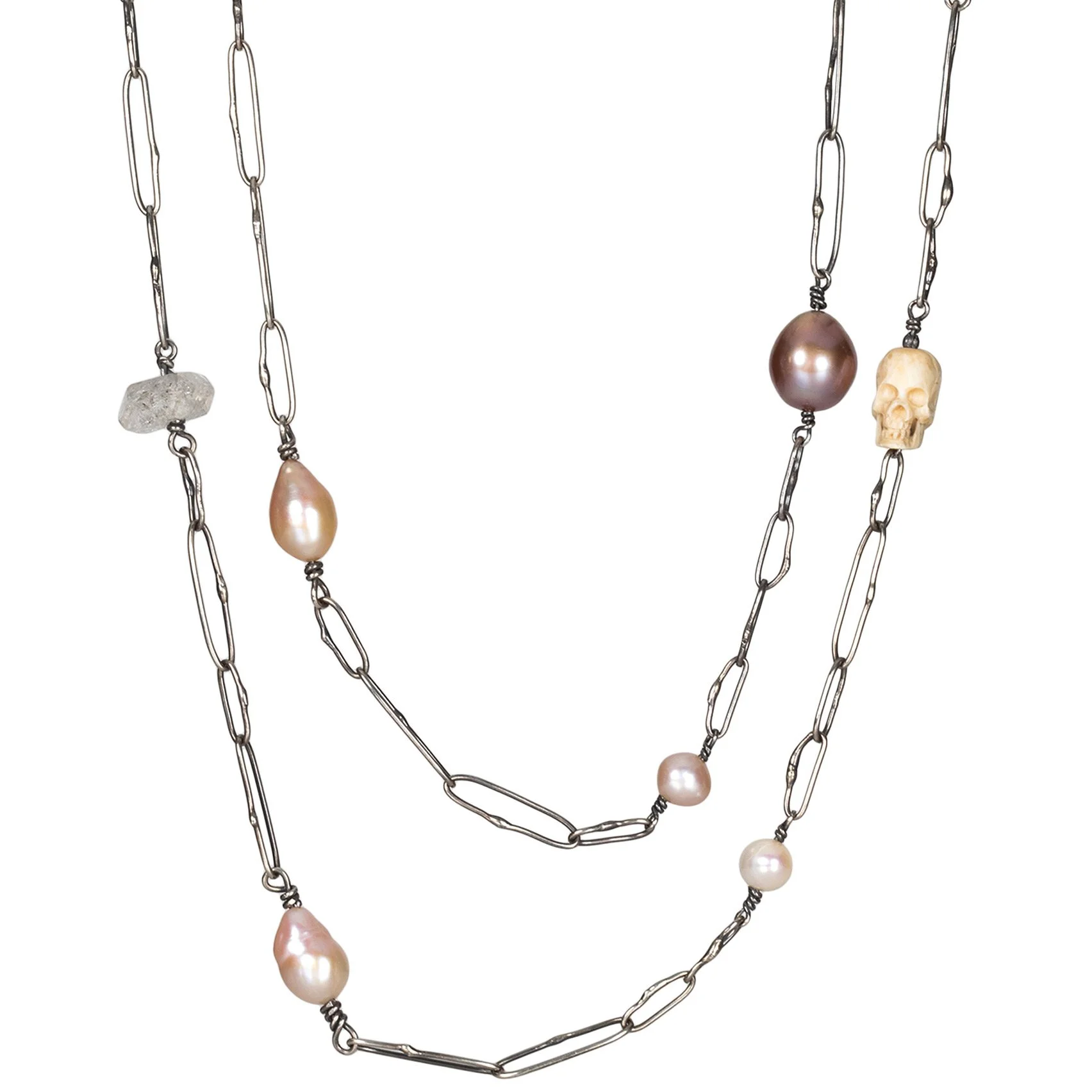 Trove Necklace with Herkimer, Baroque Pearls, and Handcrafted Oxidized Silver Links