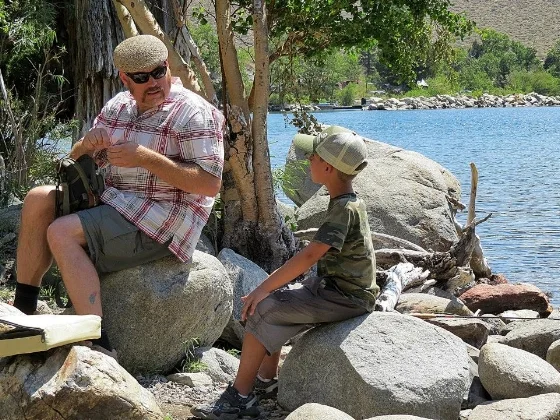 Me with my nephew, Kendall, at Convict Lake. Obviously some serious talk. 
