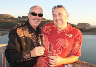 Me (r) and Randy (l) at River's End in Jenner, CA. Champagne features heavily for us! 