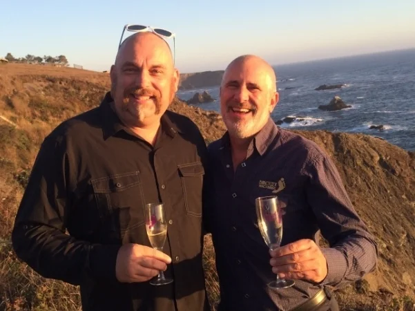 Me (l) and Randy (r) enjoying some bubbly at the family's place on the coast in Albion, CA.