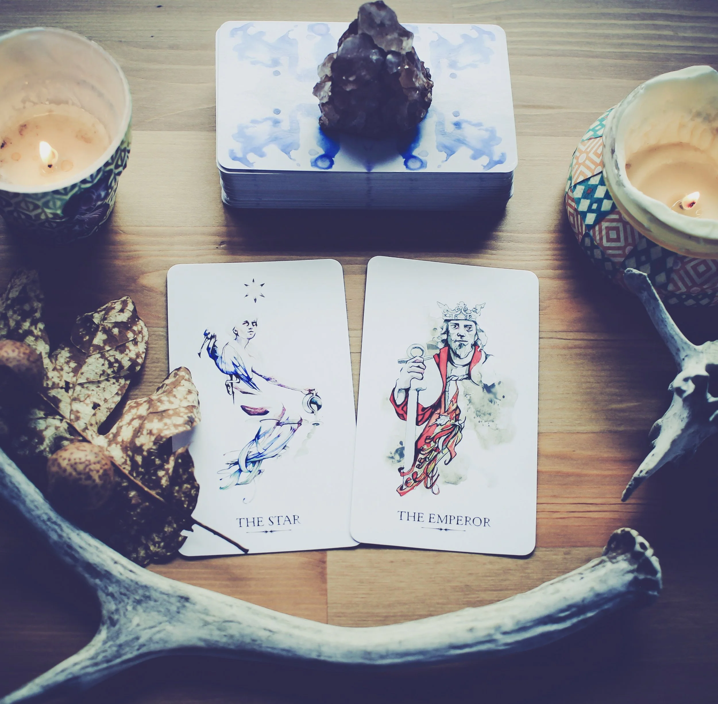 Vulnerable and true. Hopeful and free. The star is a card of letting your true colors come through. She is the healing of the self that comes after going through the devil and the tower, after seeing and removing all of the bullshit pressure you and society have placed on your spirit to be and act in a way that is considered normal. After witnessing your false ties to convention, the journey of getting to know yourself from a place of authenticity begins. There is such gratifying freedom, even through the fear, of no longer serving at the feet of convention, of being unashamed of who you are and what you think. And the emperor is here again to remind us to grant authority only to ourselves, to grant ourselves permission to be as freaky and weird as our hearts tell us we are and feel justified in it. This is closely tied to the lesson that came up earlier this week with the ace of pentacles and the emperor. This is about ownership and owning yourself. With the Full Moon and eclipse going down in confident Leo, I want you all to think about the ways in which you allow your fears of what others will think to hold you back from being who you are. I want you to think of the ways in which you pressure yourself to conform to the norm. I want you to think about your internal relationship with authority, ownership, and structure. I want you to strip down to your very core and make a plan to allow your truest self to come forward, to care and share the depths of who you are. And most importantly, I want you to find peace with yourself even if it is only for a moment — it’s called practice dear friends. I want you to accept, love, and hold your beautiful soul and know that you are wonderful even just as and where you are. Accept and love who you are now and I can promise that growing and developing into the person you truly want to be will be a much easier task. Wishing you all self-love. Blessed be.
