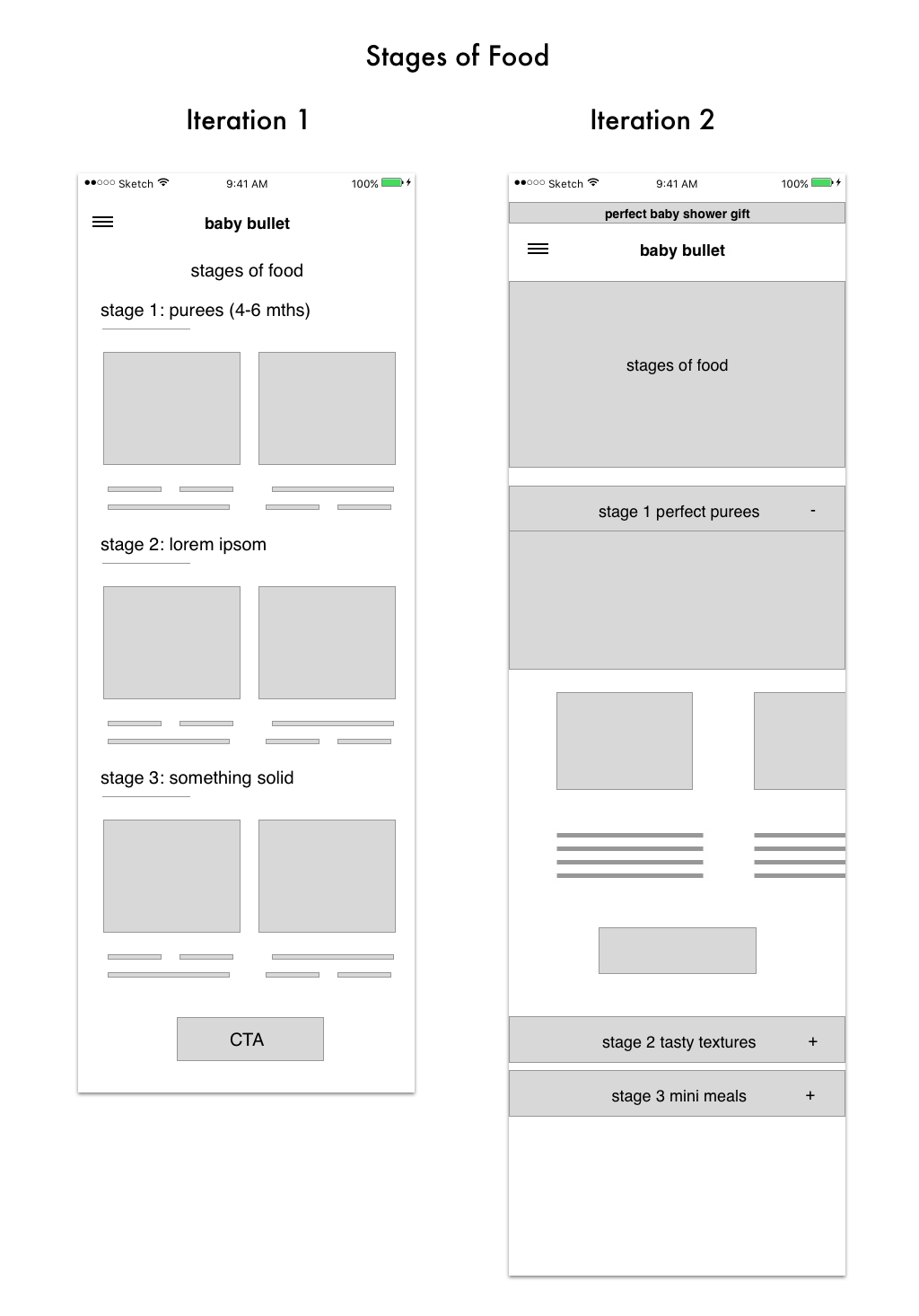 We wanted to share recipes for each Stage of Food in a baby's development. This was tricky to do on mobile, but research led to an accordion collapse/expand interaction.