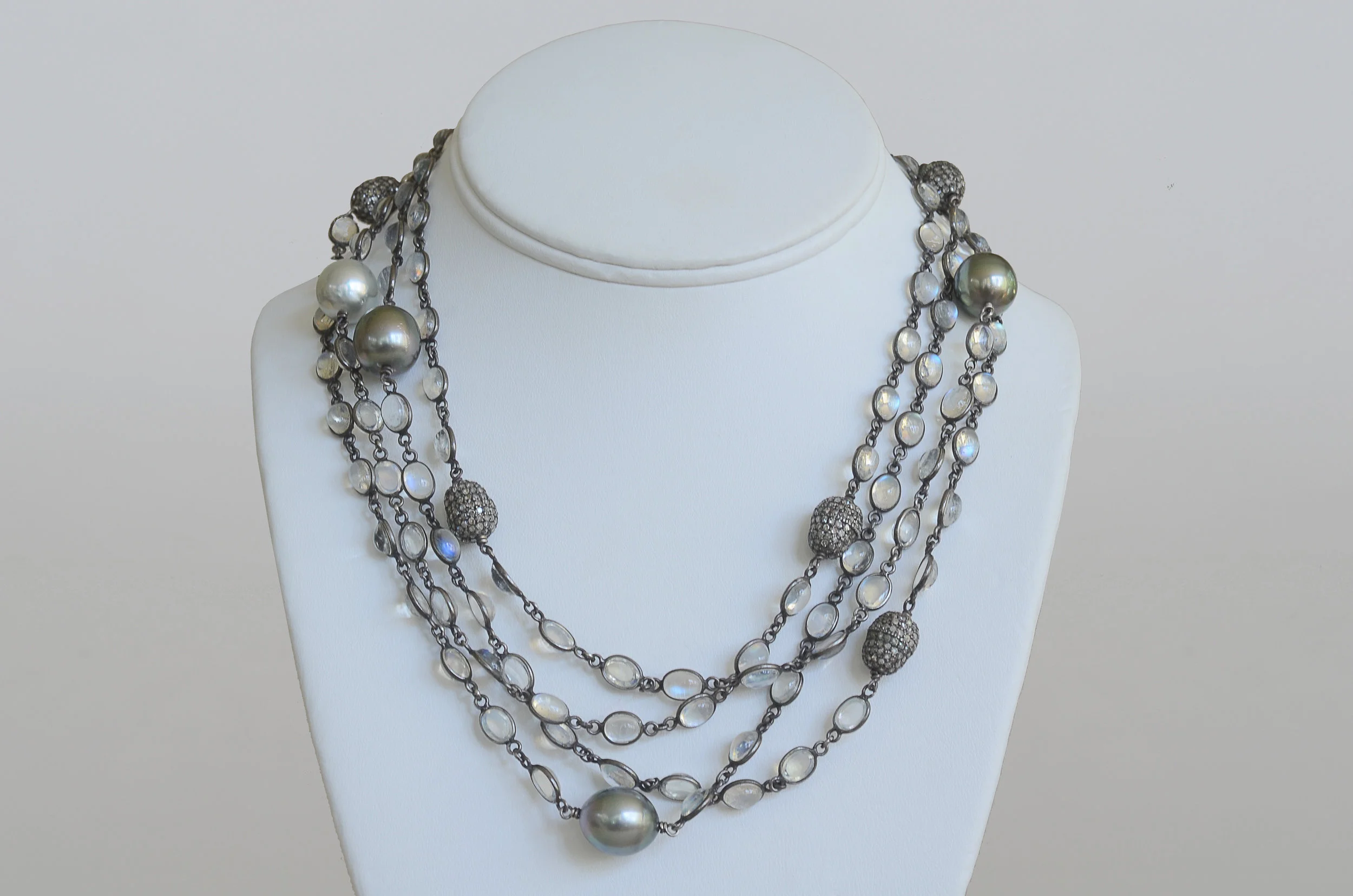 South Sea Pearl, Tahitian Moonstone and Pave Diamond Bead Necklace set in Sterling Silver