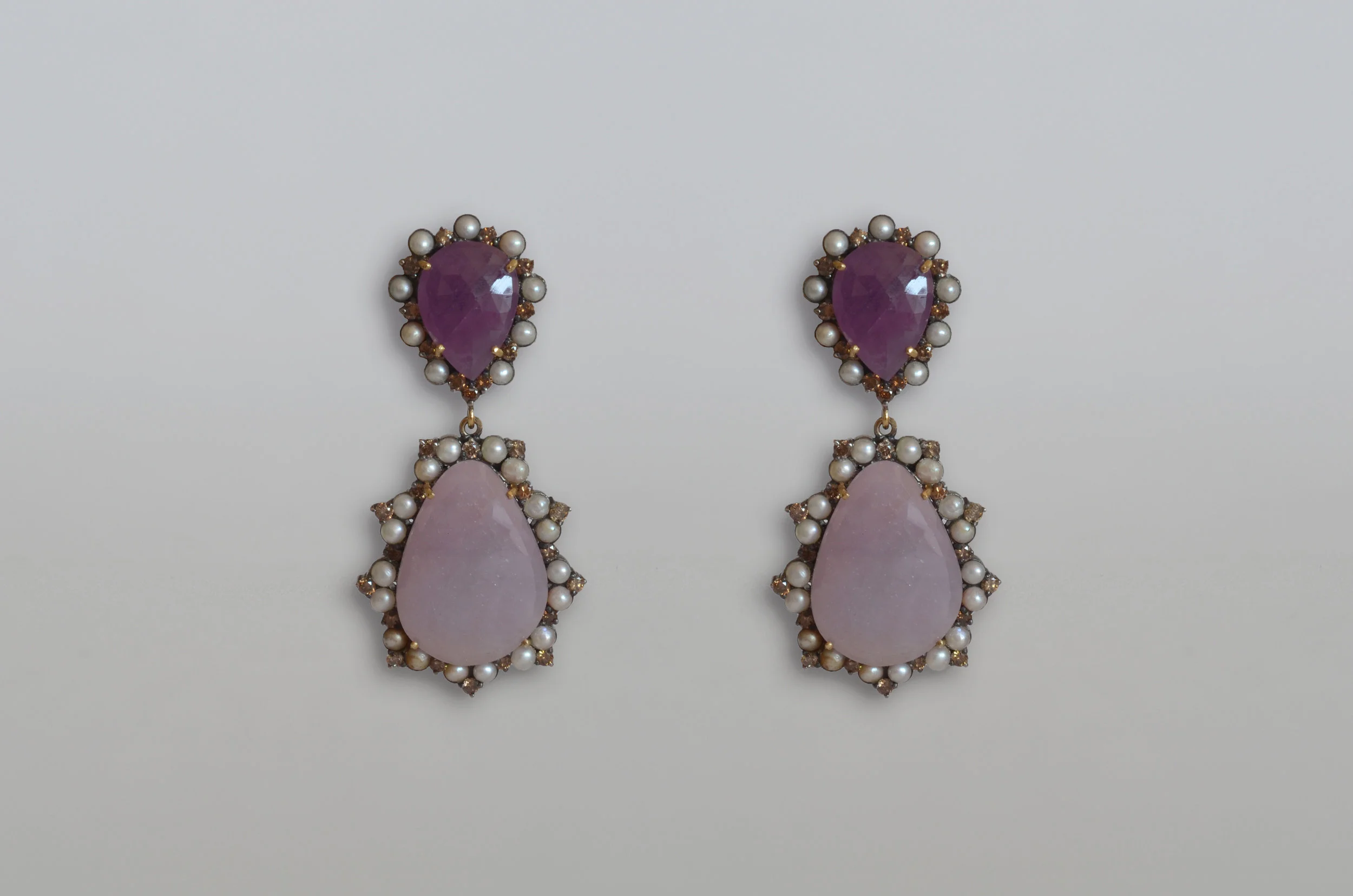 41.40 Carat Pink Sapphire Slice Earrings with 1.86 Carat Diamonds and Pearls set in Sterling Silver with 18kt Gold Posts