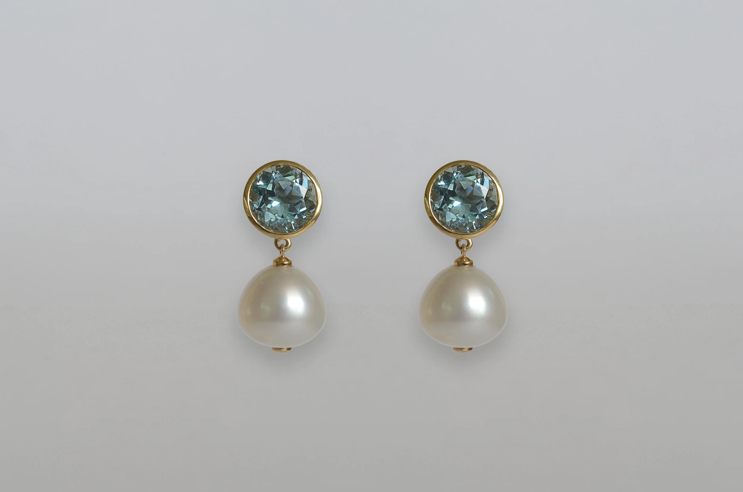 South Sea Pearl with Blue Topaz Drop Earrings set in 18kt Yellow Gold