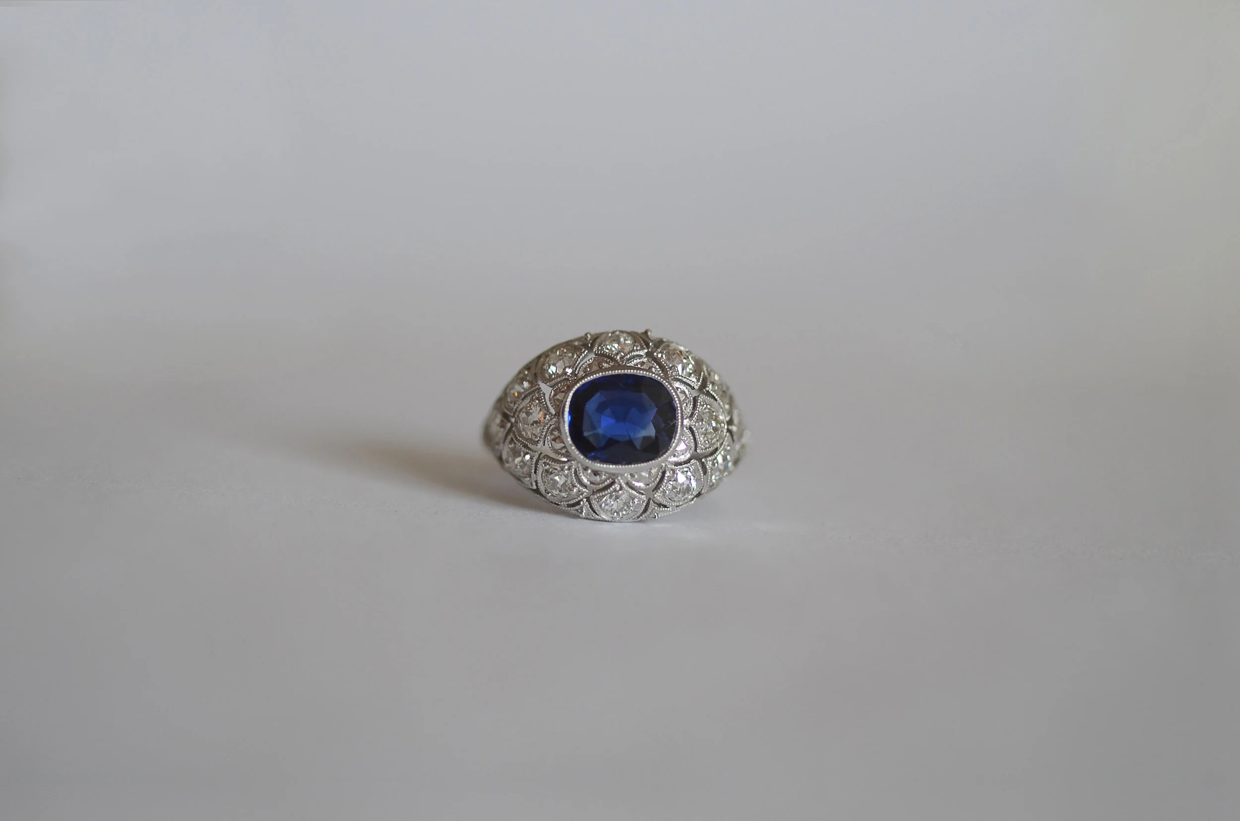Approximately 2.0 Carat Sapphire and approximately 2.0 Carat Deco Diamond Ring set in Platinum