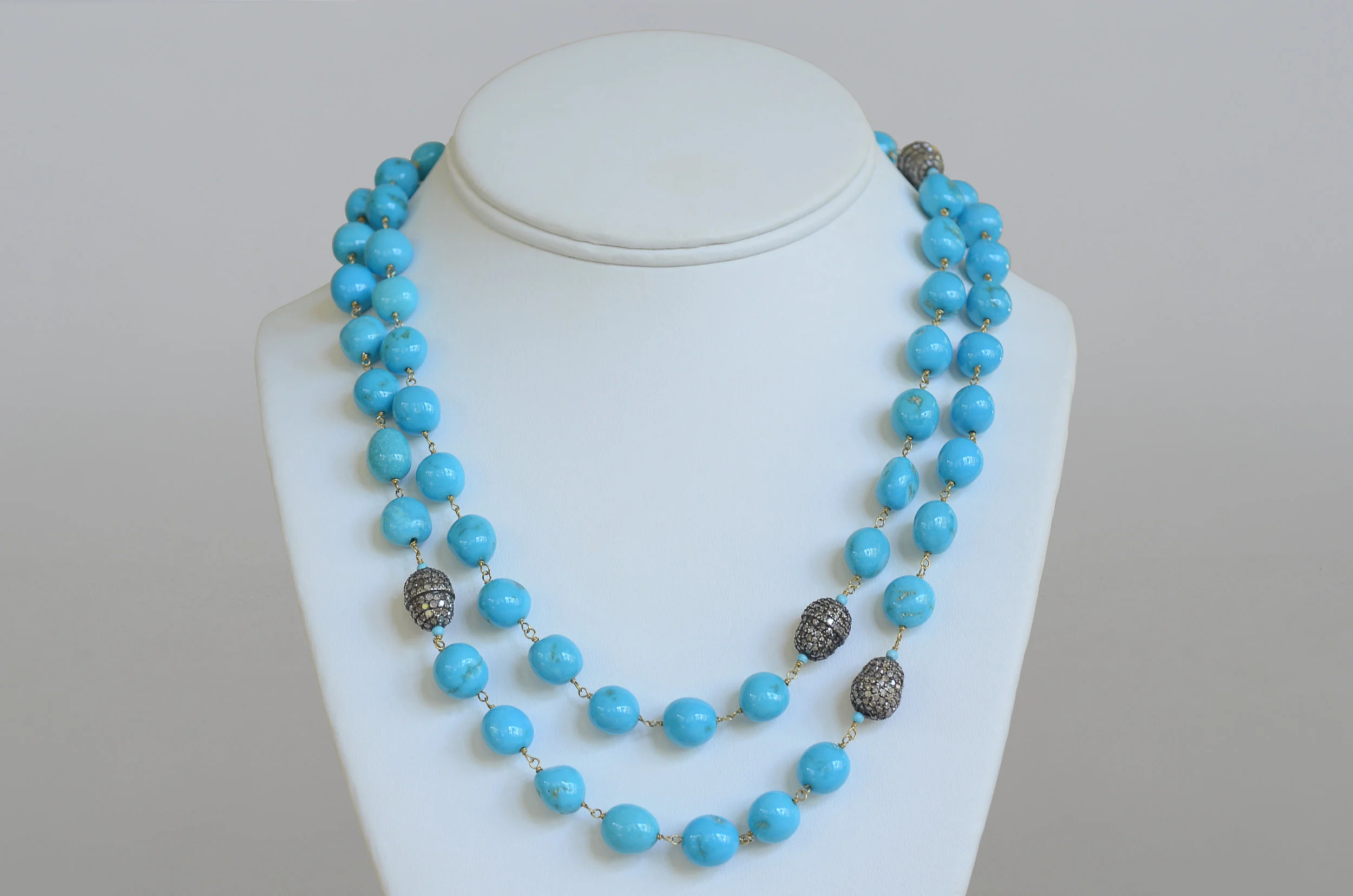 Turquoise Bead Necklace accented with Pave Diamond Beads set in 18kt Yellow Gold and Sterling