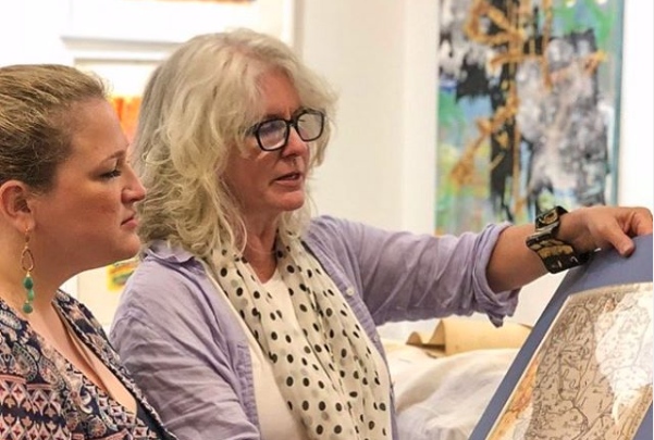 Jen Dragon (right) with Margaret Schwartz of Modern Antiquarian (Stamford, Conn.) at Cross Contemporary Art Gallery, pictured by Andrew Joseph Public Relations for an Architectural Digest feature story on how contemporary art complements antiques in today’s decor.