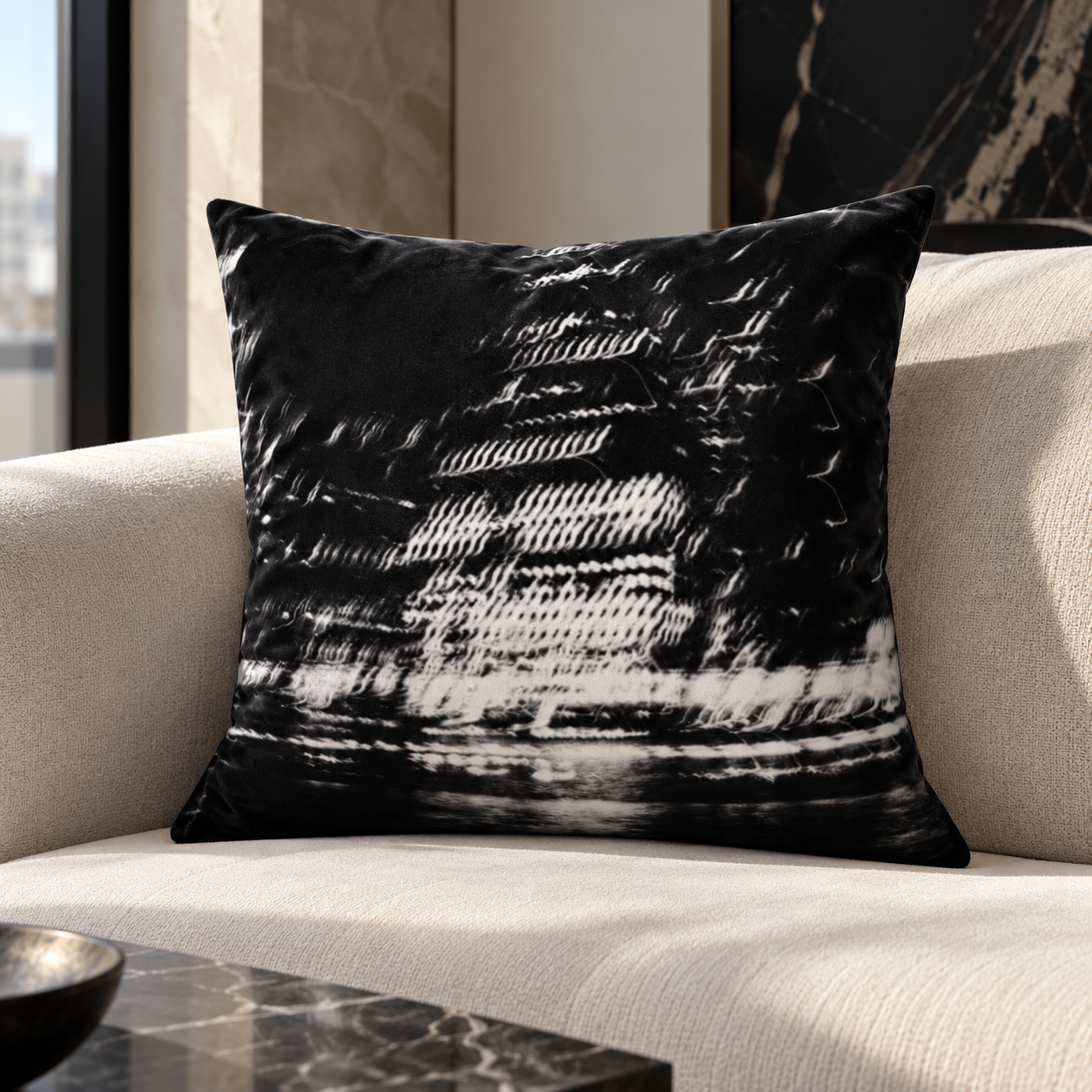 Abstract City Lights Pillow on Luxe Sofa.png