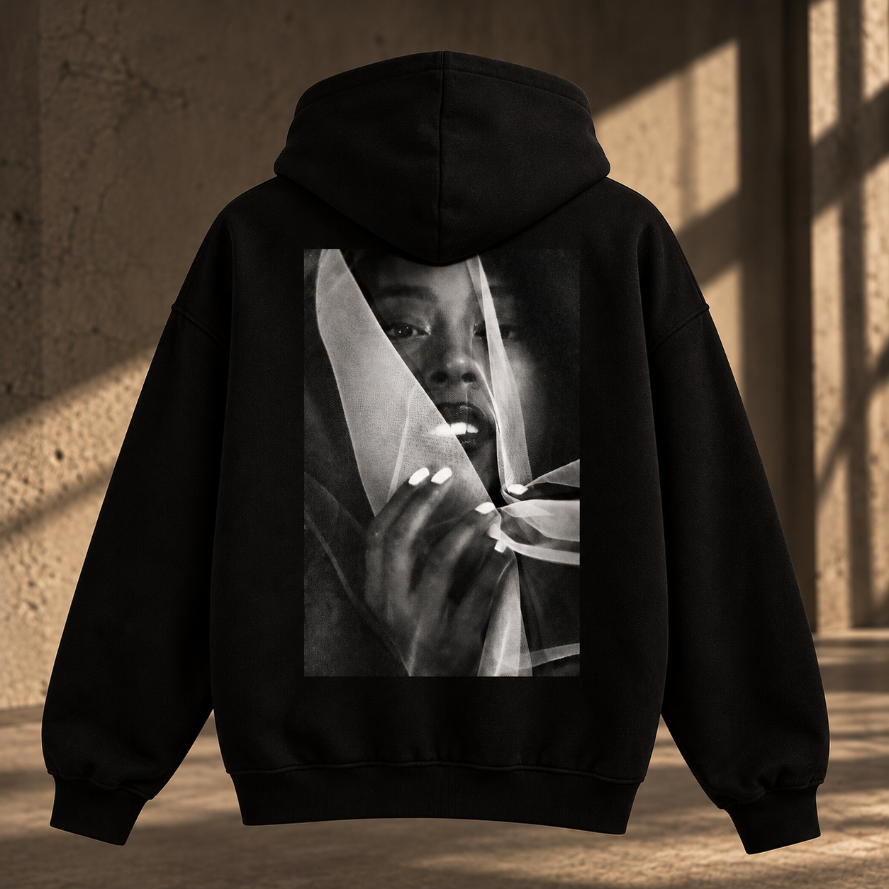 Veiled Portrait Black Hoodie Editorial.png