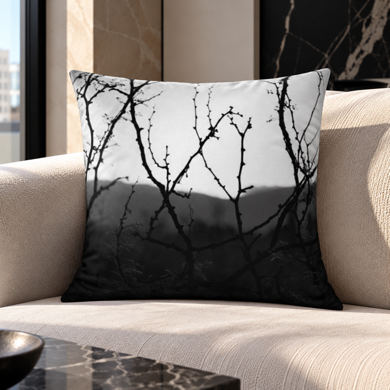 Monochrome Thorn Branch Pillow in Modern Living Room.png