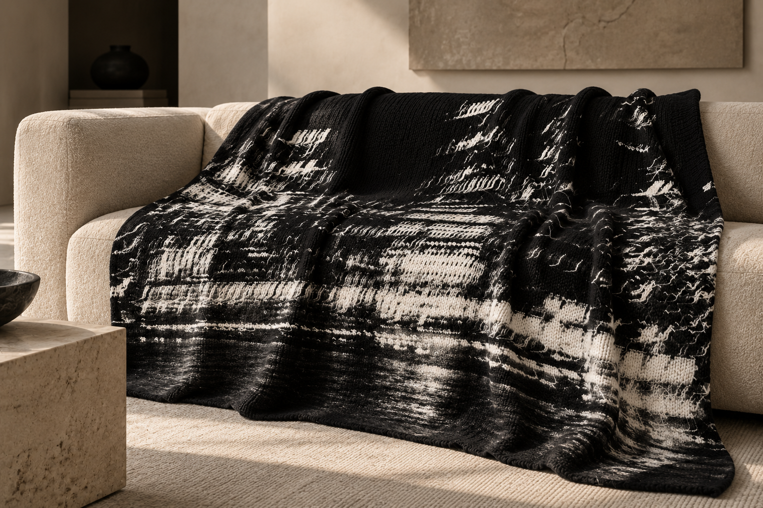 Black-and-White Knit Throw on a Coastal Sofa.png