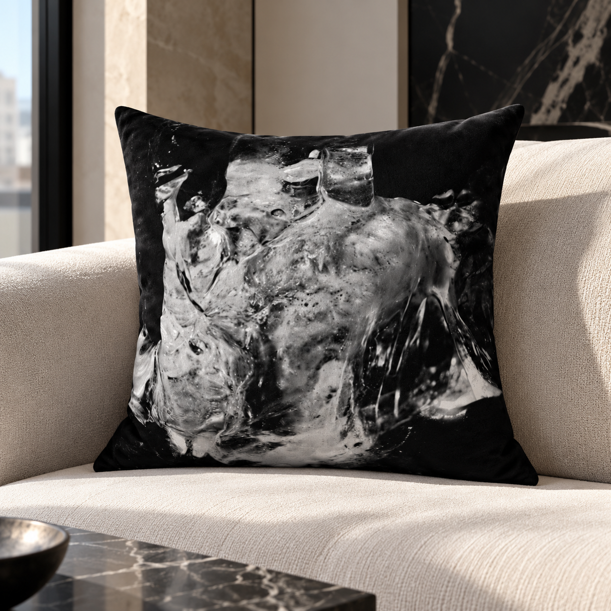 Marbled Monochrome Pillow in a Modern Living Room.png