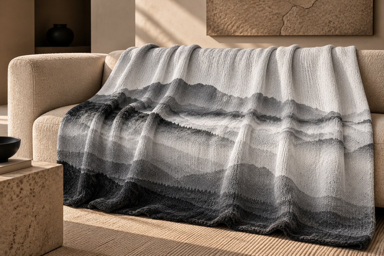 Misty Mountain Knit Blanket on a Cozy Sofa.png