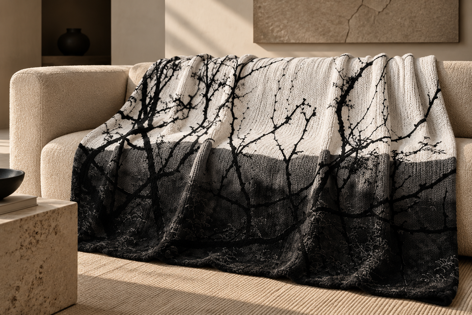Branch Silhouette Knit Throw on Cream Sofa.png