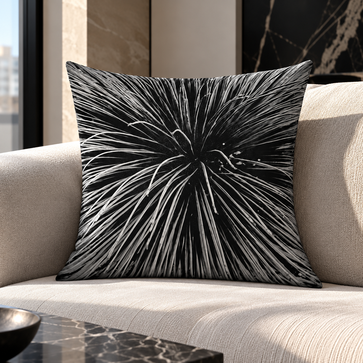 Monochrome Burst Pillow on Beige Sofa.png