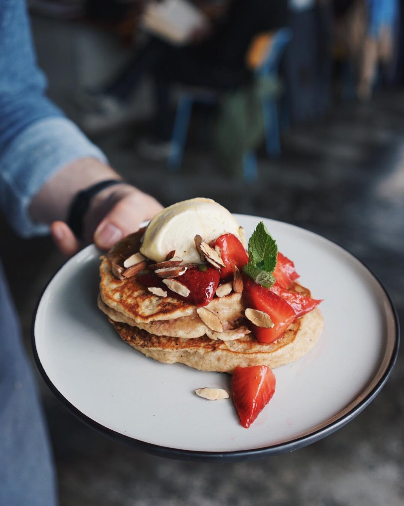 Sweet Special, 13th April 2017 : Spelt and Raisin Pancakes with Infinity Farm Honey, Lemon Balm Mascarpone, Macerated Strawberries and Toasted Almonds. Photo: Established Coffee