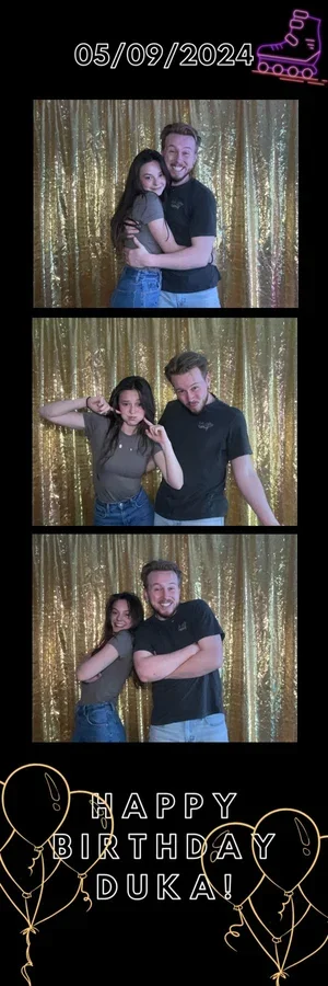 Birthday celebration photo booth strip with elegant black and gold design