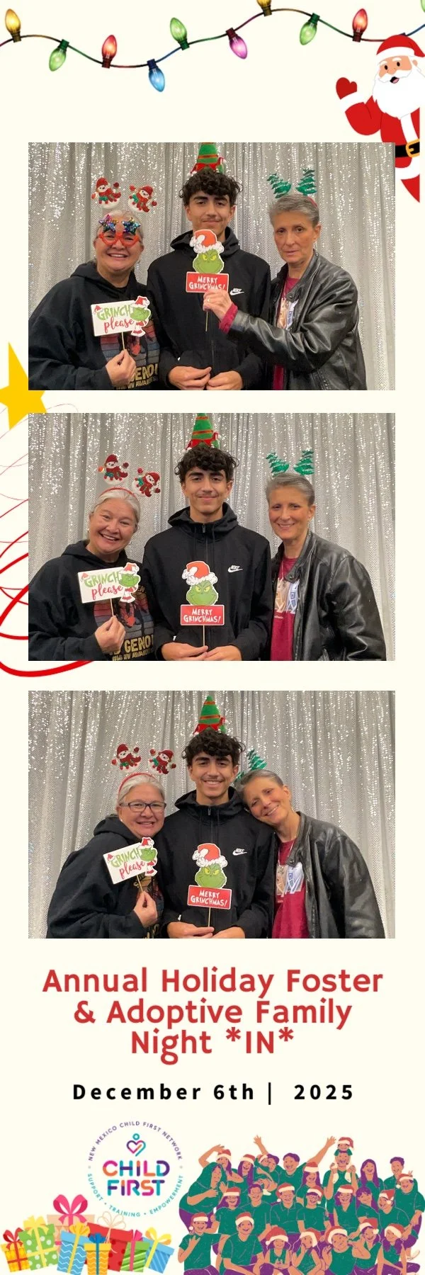 Three photos of guests posing at a photo booth with a gold glitter backdrop and festive Christmas props at the Annual Holiday Foster & Adoptive Family Night. The 2x6 photo strip includes holiday lights, Santa and gift illustrations, the Child First N