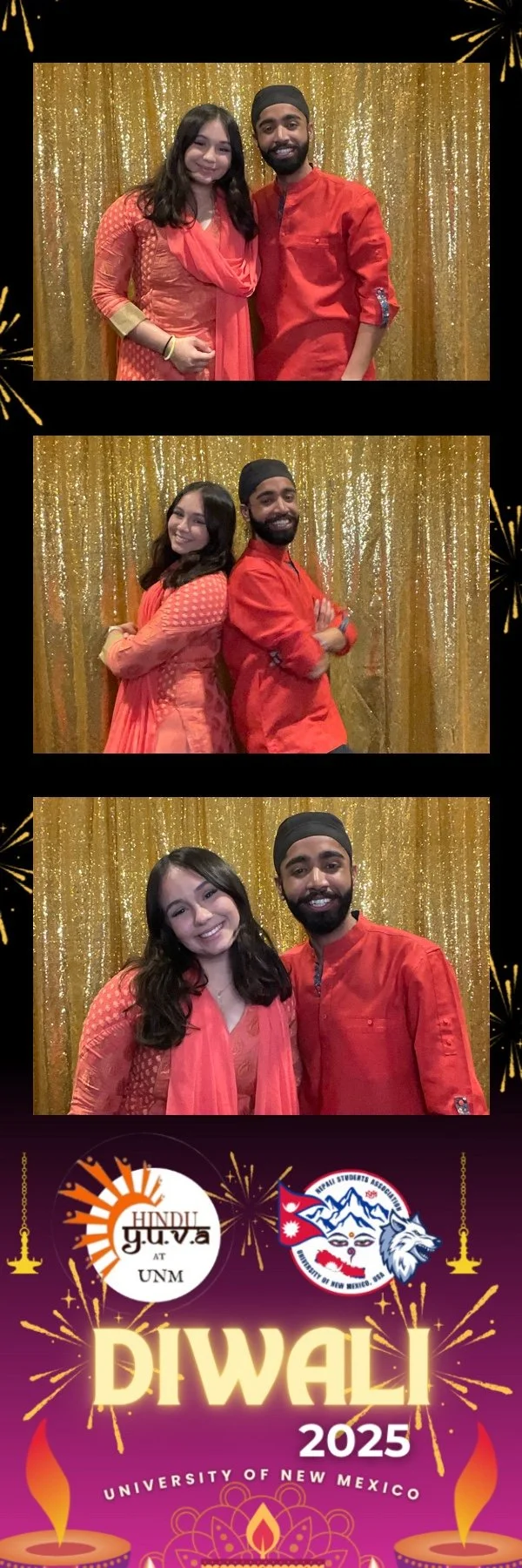 Three photos of two guests wearing colorful traditional attire and posing at a photo booth with a gold glitter backdrop during a Diwali celebration at the University of New Mexico. The 2x6 photo strip features festive gold accents, the Hindu YUVA at 