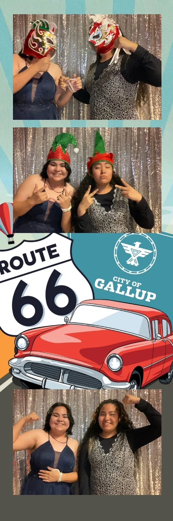 Three photos of two guests posing and having fun at a photo booth with a silver glitter backdrop, including photos with colorful lucha libre masks and Christmas elf hats. The 2x6 photo strip features a vibrant Route 66 theme with the City of Gallup l