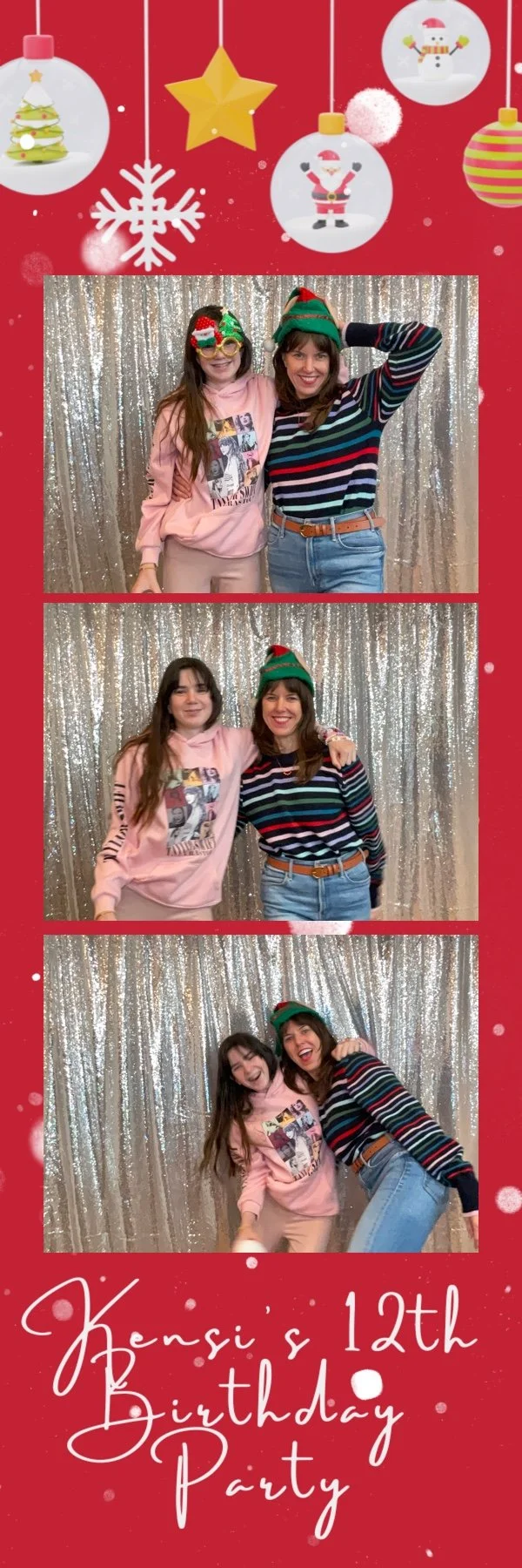Three photos of two guests posing and having fun at a photo booth with a silver glitter backdrop during Kensi’s 12th birthday celebration. The colorful 2x6 photo strip features a bright red Christmas theme with ornaments, snowflakes and festive decor