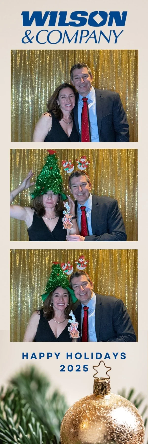 Three photos of two guests posing at a photo booth with a gold glitter backdrop during a Wilson & Company holiday celebration. The 2x6 photo strip features the Wilson & Company logo, a white and gold Christmas design with a holiday ornament, and the 