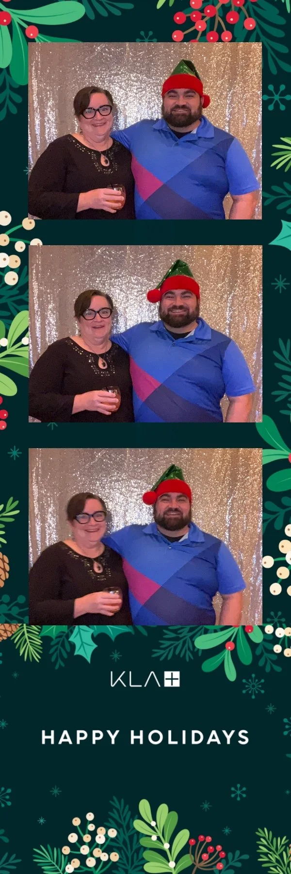 Three photos of two guests posing together at a photo booth with a silver glitter backdrop during a holiday celebration. One guest wears a festive elf hat in the photos. The 2x6 photo strip features a dark green Christmas design with holly, berries a