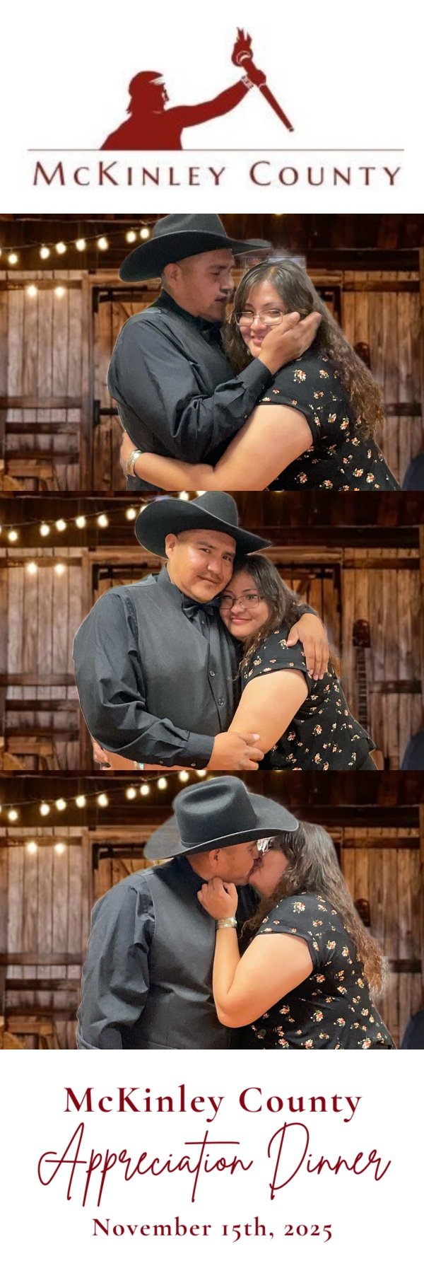 Three photos of two guests posing together at a photo booth with a rustic wood backdrop and warm string lights at the McKinley County Appreciation Dinner. The 2x6 photo strip features the McKinley County logo at the top and the text “McKinley County 