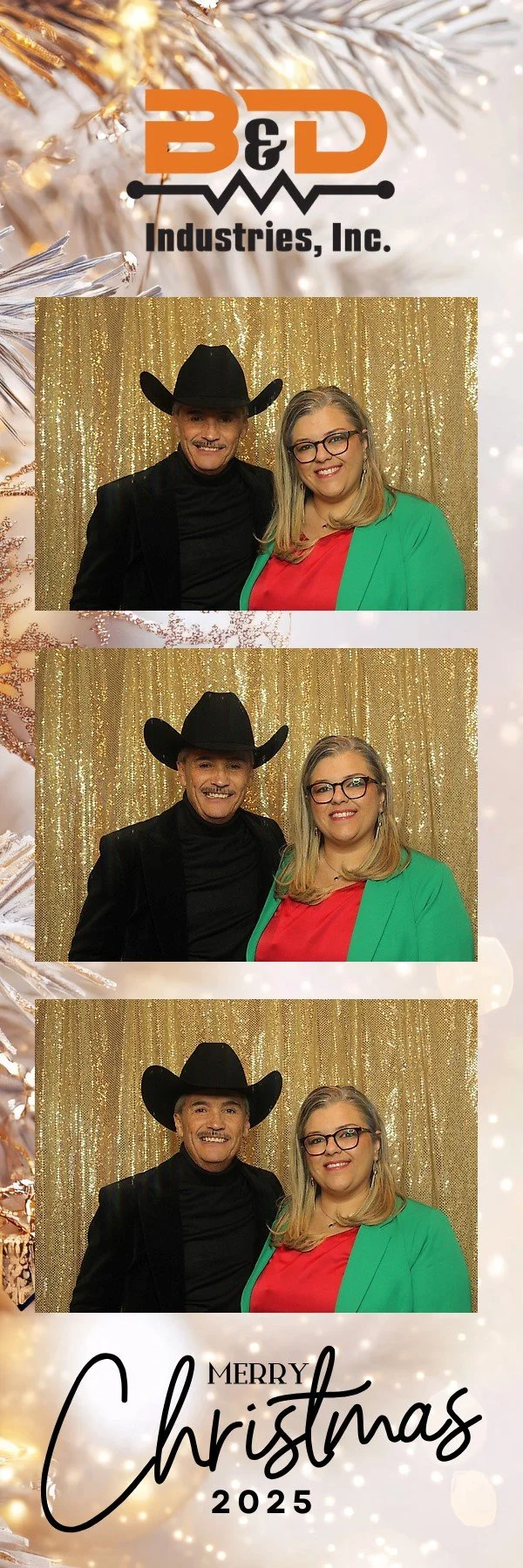 Three photos of two guests posing and smiling at a photo booth with a gold glitter backdrop during a B&D Industries holiday event. The 2x6 photo strip features the B&D Industries, Inc. logo at the top, an elegant white and gold Christmas design, and 