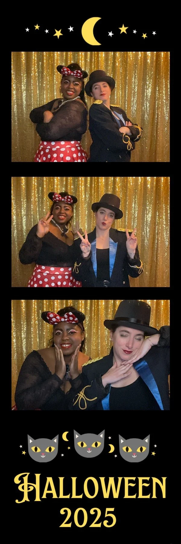 Three photos of two costumed guests posing at a photo booth with a gold glitter backdrop during a Halloween celebration. The black 2x6 photo strip features yellow stars and a crescent moon, playful black cat illustrations, and large gold text reading