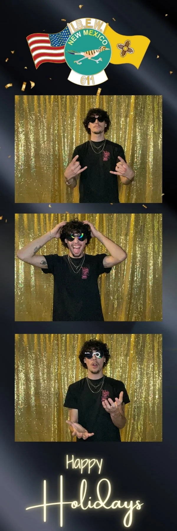 Three photos of a guest wearing sunglasses and posing playfully at a photo booth with a gold glitter backdrop during an IBEW New Mexico Local 611 holiday event. The 2x6 photo strip has a dark elegant background with gold confetti, the IBEW New Mexico