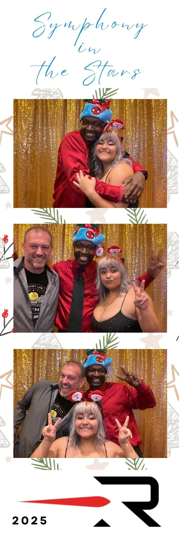 Three photos of guests posing and having fun at a photo booth with a gold glitter backdrop at the Symphony in the Stars event. The 2x6 photo strip has a white holiday-themed design with stars, Christmas greenery and seasonal illustrations, the text “