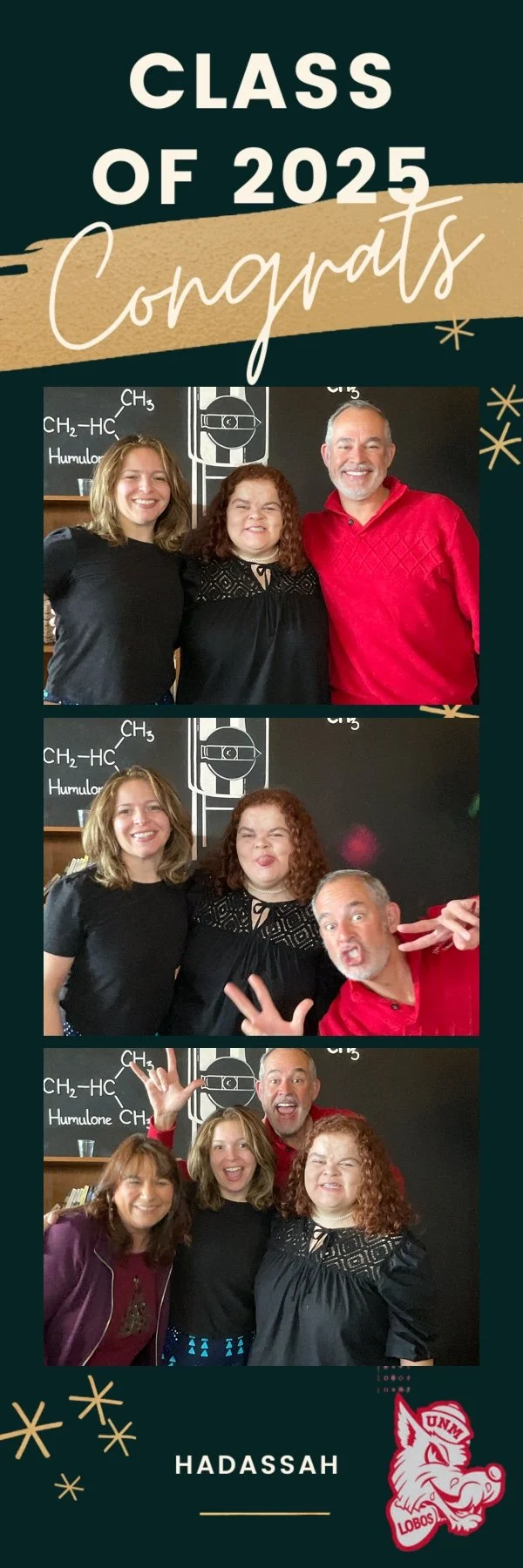 Three photos of friends and family posing and celebrating together at a photo booth for a Class of 2025 graduation celebration. The 2x6 photo strip features a dark green and gold design, large text reading “Class of 2025 Congrats,” the name “Hadassah