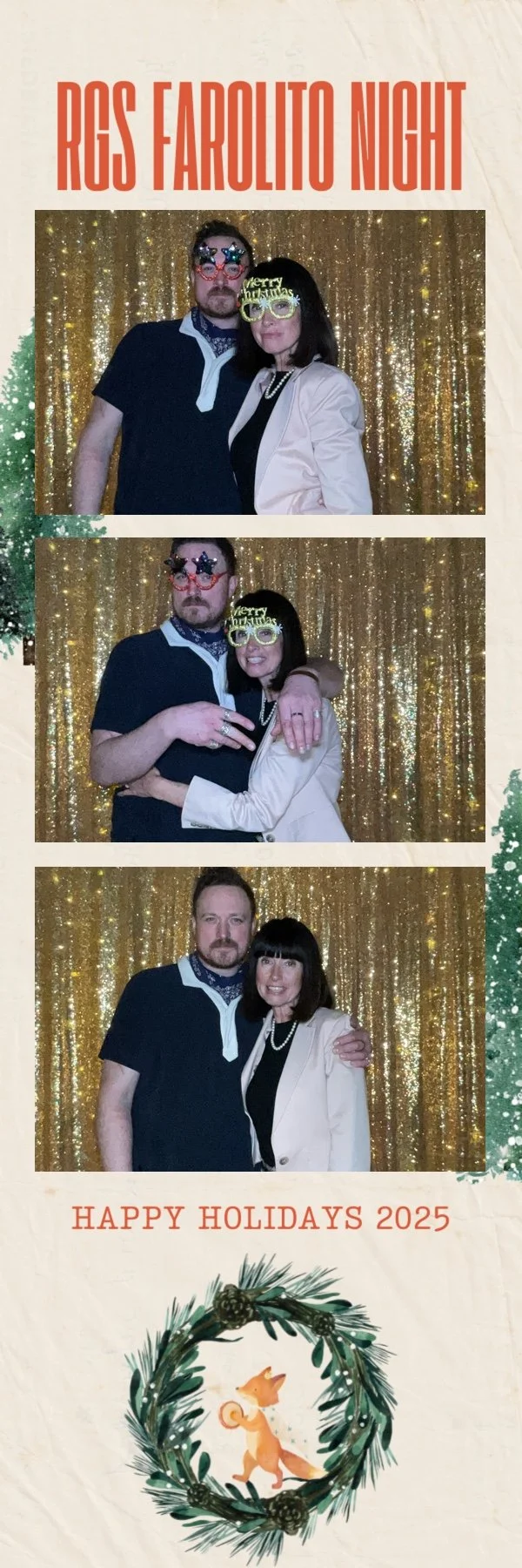 Three photos of two guests posing together at a photo booth with a gold glitter backdrop during ROS Favorito Night. The 2x6 photo strip features a winter-inspired cream background with evergreen accents, the text “ROS Favorito Night” at the top, “Hap