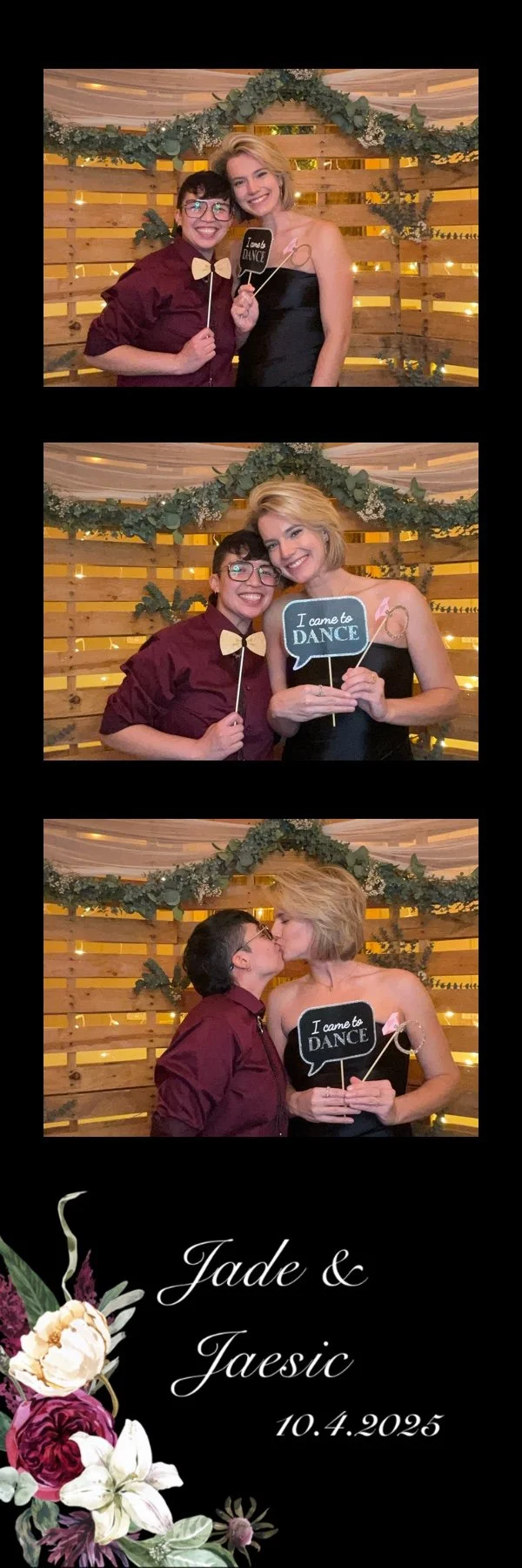Three photos of two guests posing together at a photo booth with a rustic wood and greenery backdrop. The elegant 2x6 photo strip has a black background with burgundy, white and pink floral accents and the text “Jade & Jaesic” with the date 10.4.2025