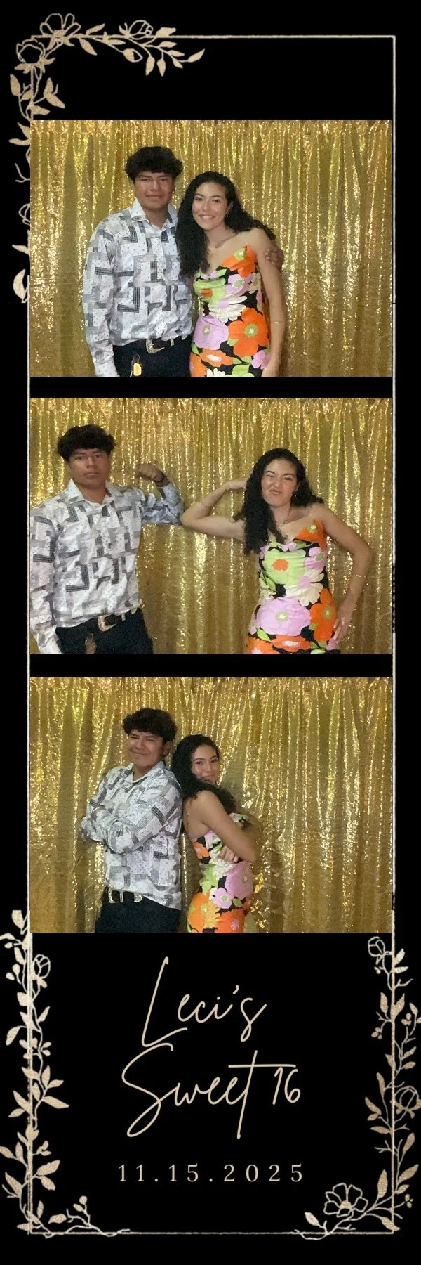 Three photos of two guests posing together at a photo booth with a gold glitter backdrop during a Sweet 16 celebration. The 2x6 photo strip has a black background with an elegant gold floral border and script lettering at the bottom, along with the d