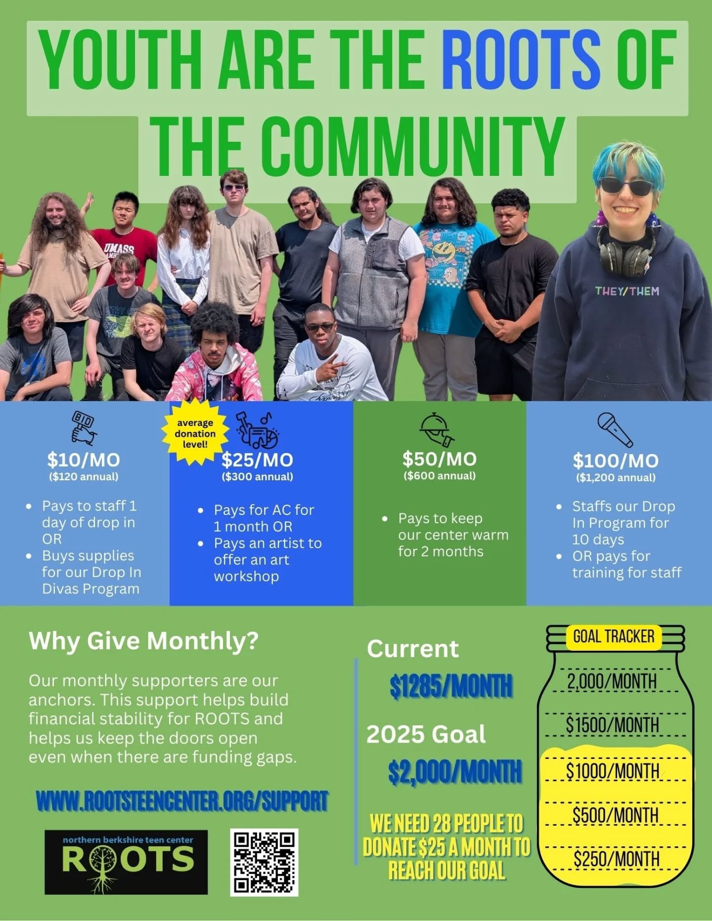 🌱 This Giving Tuesday, we would be honored for you to support ROOTS Teen Center.

Your gift today helps us keep our doors open for 100+ teens, our programs thriving, and our teens supported with food, mentorship, creative outlets, and a community th