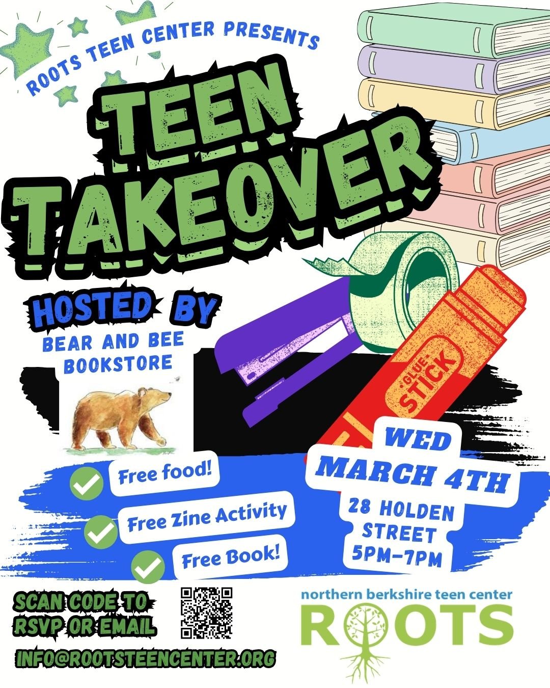 Local Teens! We are taking over Bear and Bee Bookstore next week! We will be making Zines with Anna Deloia, taking about our favorite books, and of course, there will be FREE FOOD! 

March 4th 5pm-7pm
At @bearbeebooks at 28 Holden Street in North Ada