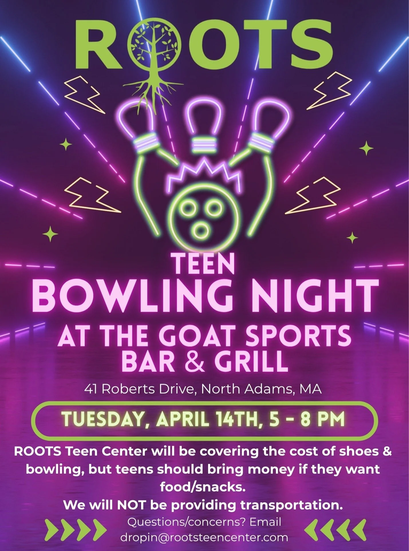 What better way to get through a hard week than to do a little bit of bowling?

Join us at @thegoat__na on Tuesday April 14th from 5pm-8pm and go bowling on us! 

Teens are encouraged to bring some money if they food/snacks, but we will cover the cos