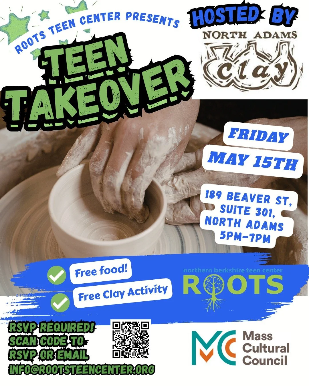 Teens! Are you ready for our next Teen Takeover!?

Join us on May 15th for our next Teen takeover at North Adams Clay! Teens will have the chance to get their hands dirty with a guided clay activity, exploring the meditative and artistic world of cer