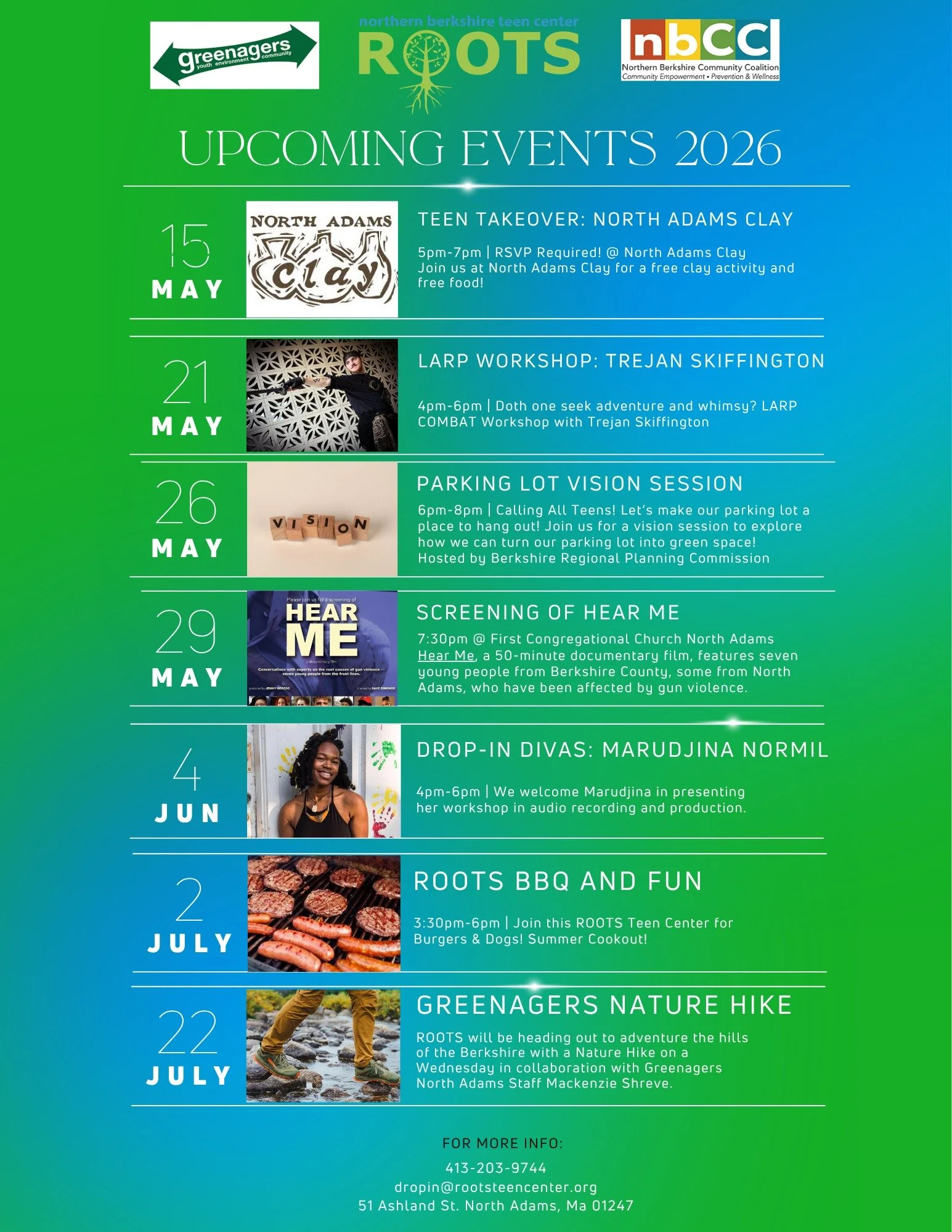 Warmer weather is here and we have a wonderful lineup of activities for local teens and the community. 

Please note that some of these events are offsite!

May 15th | 5pm-7pm
Teen Takeover at @northadamsclay. RSVP required!
Go to rootsteencenter.org