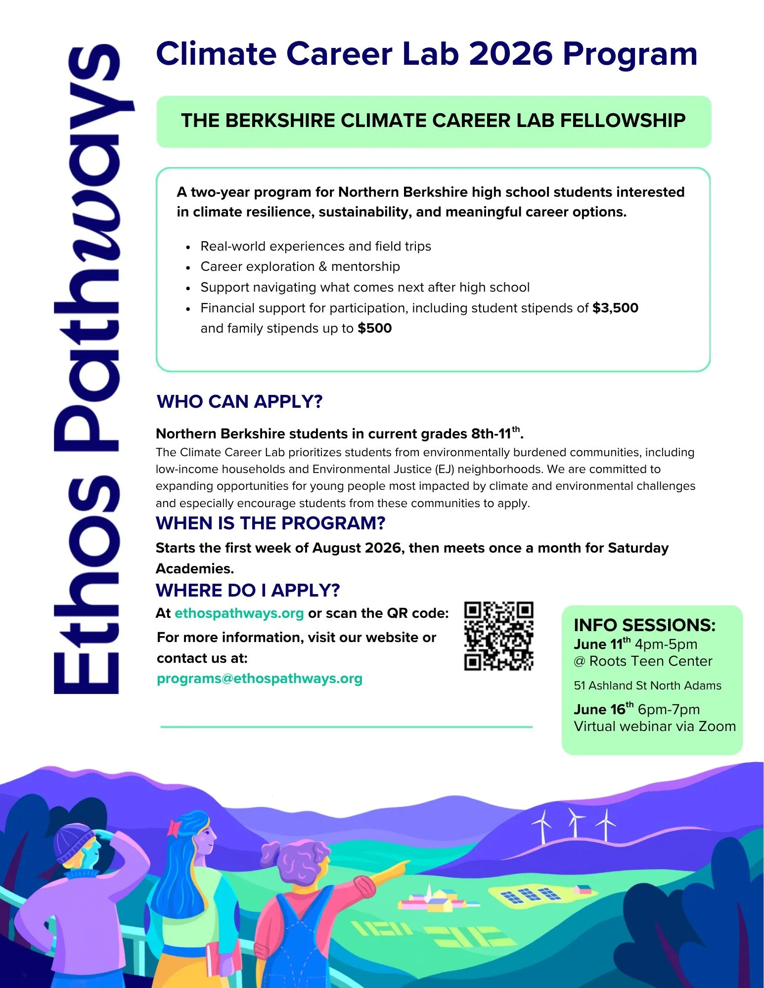 The Climate Career Lab is a 2-year fellowship starting in the summer of 2026 for Northern Berkshire high school students interested in climate, sustainability, leadership, and making a difference close to home.

Real-world experiences, local leaders,