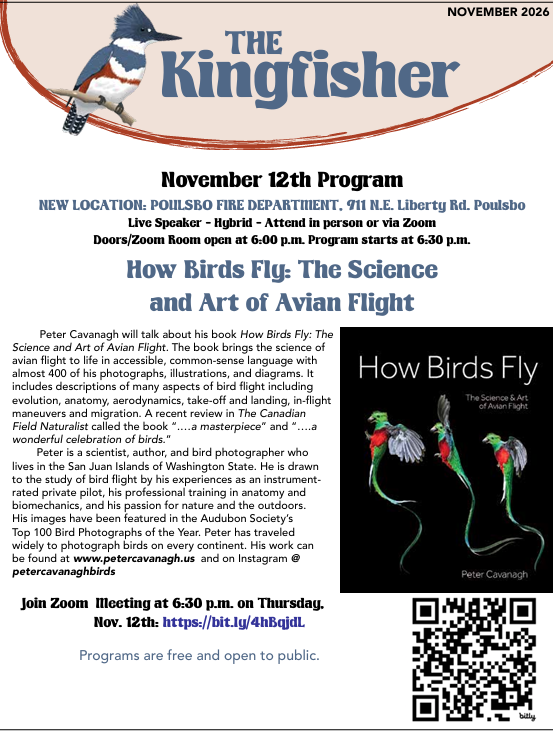 2026 newsletter titled "The Kingfisher" featuring a kingfisher bird perched on a branch. The newsletter announces a January 8th virtual program about Washington's diurnal raptors, led by ornithologist Jeff Birek. It provides details on the event's Zoom link, meeting ID, and passcode, and mentions the winter cancellations for meetings due to weather. The layout includes text information and a picture of a kingfisher bird.