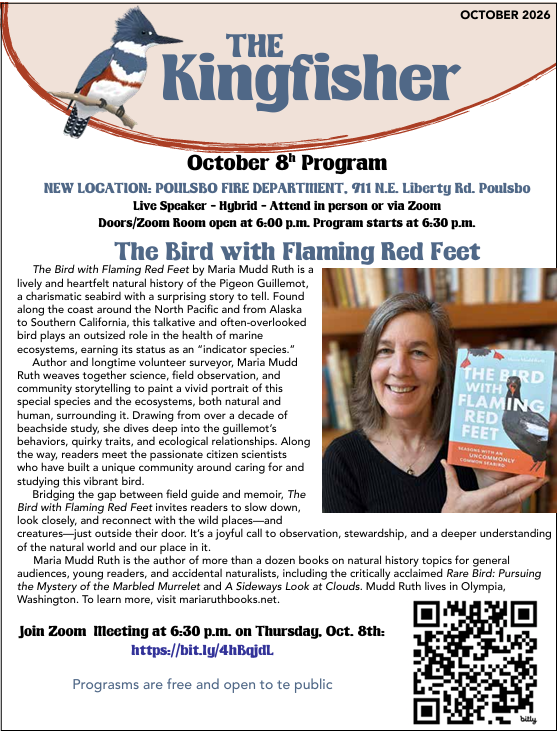 2026 newsletter titled "The Kingfisher" featuring a kingfisher bird perched on a branch. The newsletter announces a January 8th virtual program about Washington's diurnal raptors, led by ornithologist Jeff Birek. It provides details on the event's Zoom link, meeting ID, and passcode, and mentions the winter cancellations for meetings due to weather. The layout includes text information and a picture of a kingfisher bird.