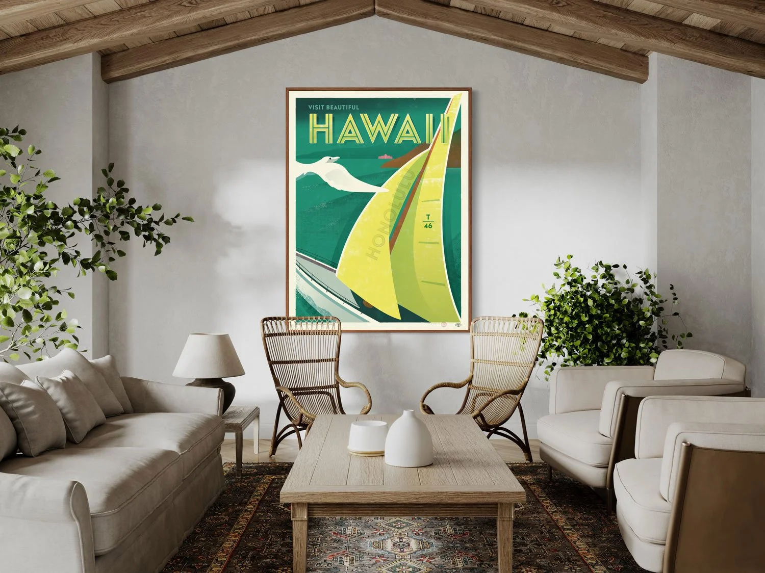Living room with beige sofa, two rattan chairs, white armchairs, a wooden coffee table with decorative vases, a table lamp, indoor plants, and a framed vintage travel poster of Hawaii on the wall, set under a wooden ceiling.