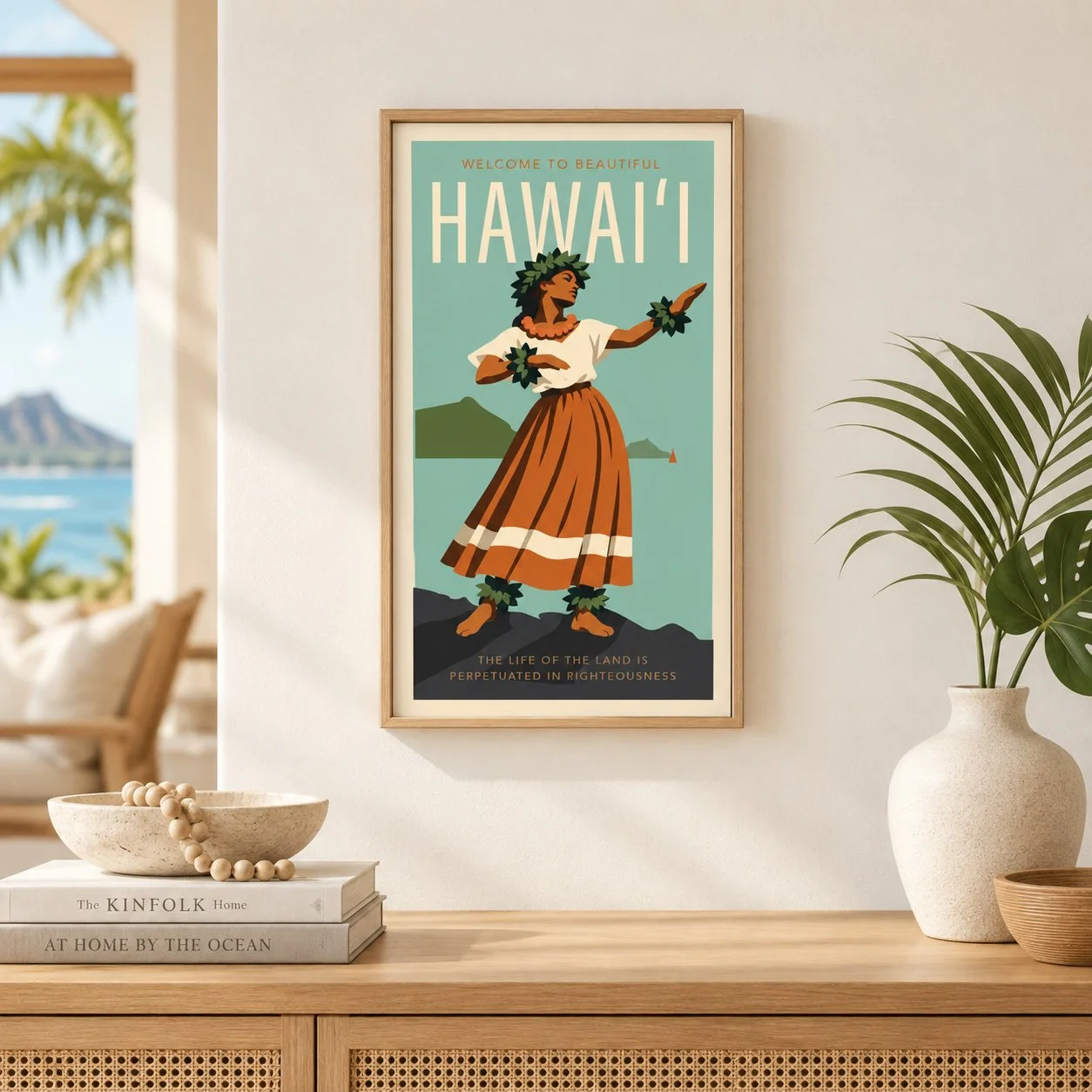 A digital screen displaying a graphic with mountain, sea, and sunset, featuring a shirtless man standing confidently with hands on hips, and the text "Honolulu Hawaii Classic July 19-24".