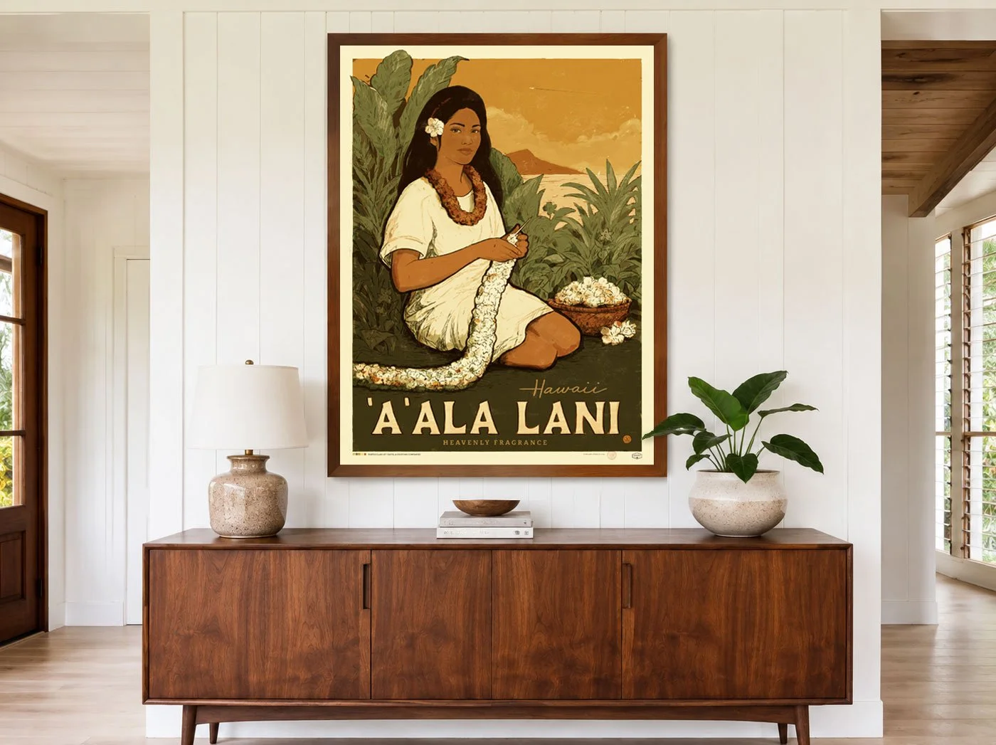 A‘ala Lani—“Heavenly Fragrance”—captures a quiet moment of island life. Surrounded by lush tropical foliage, a lei maker carefully strings fragrant white blossoms as Diamond Head rests in the distance. 