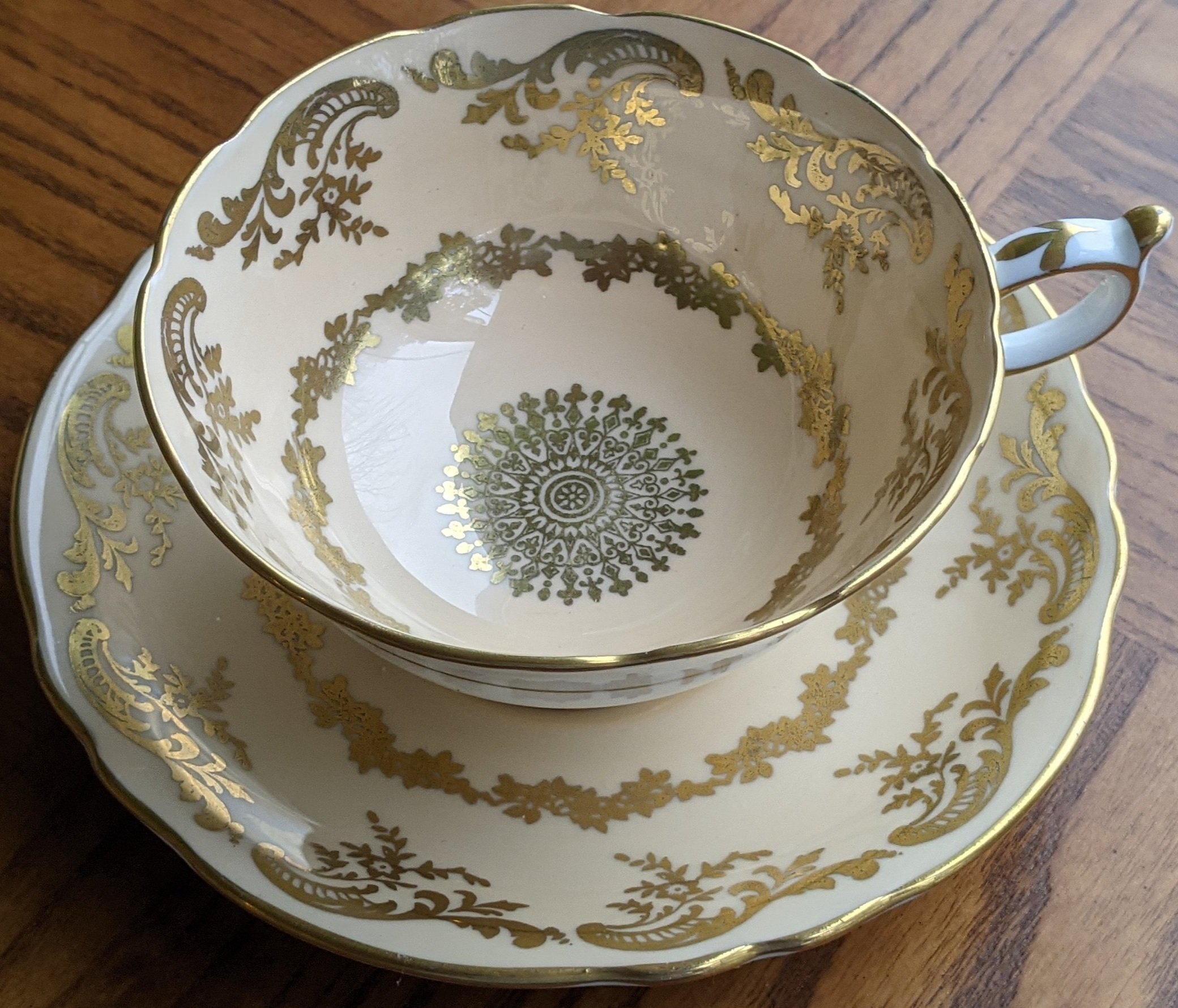 Queen Anne Forget Me Nots Heavy Gold Large TeaCup and Saucer